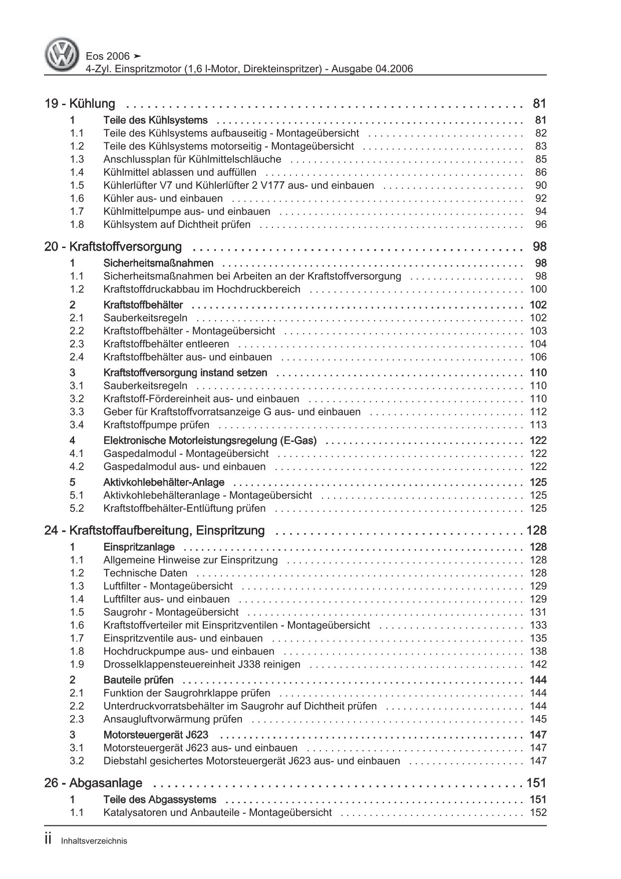 VW EOS Typ 1F 2006-2015 4-Zyl. Benzinmotor 1,6l 115 PS Reparaturanleitung