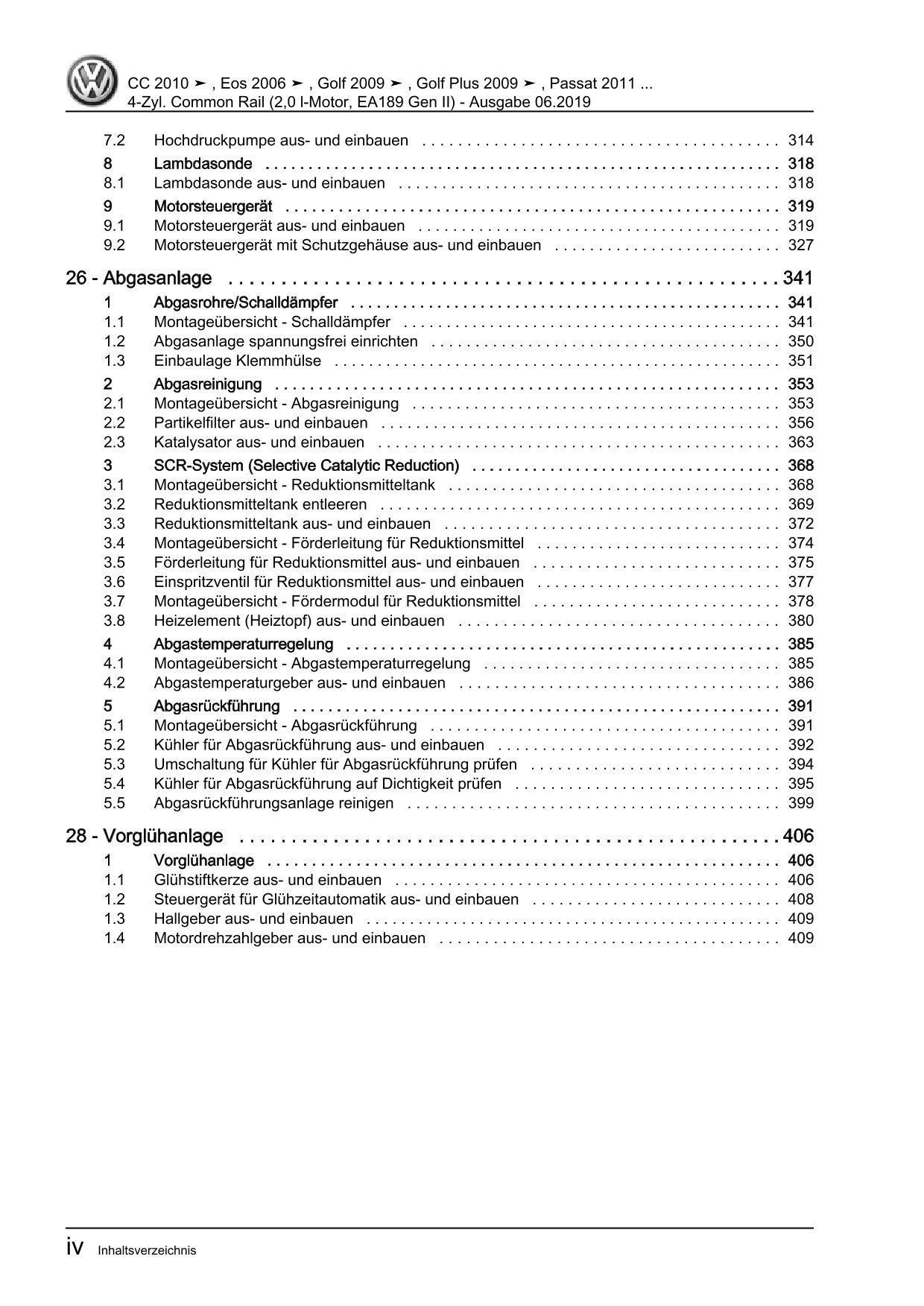 VW EOS Typ 1F 2006-2015 4-Zyl. Dieselmotor 2,0l 110-177 PS Reparaturanleitung