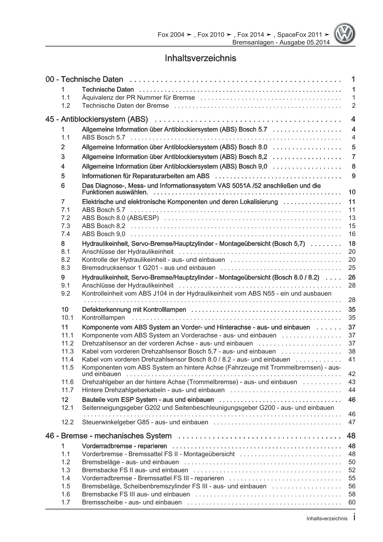 VW Fox Typ 5Z 2005-2011 Bremsanlagen Bremsen System Reparaturanleitung