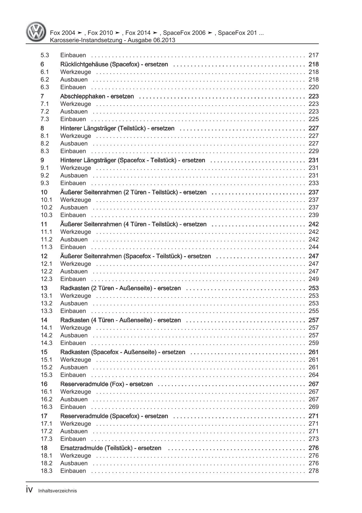 VW Fox Typ 5Z 2005-2011 Karosserie Unfall Instandsetzung Reparaturanleitung