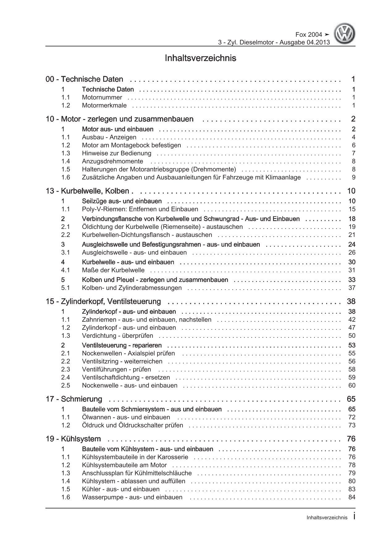 VW Fox Typ 5Z 2005-2011 3-Zyl. Dieselmotor 1,4l 68 PS Reparaturanleitung