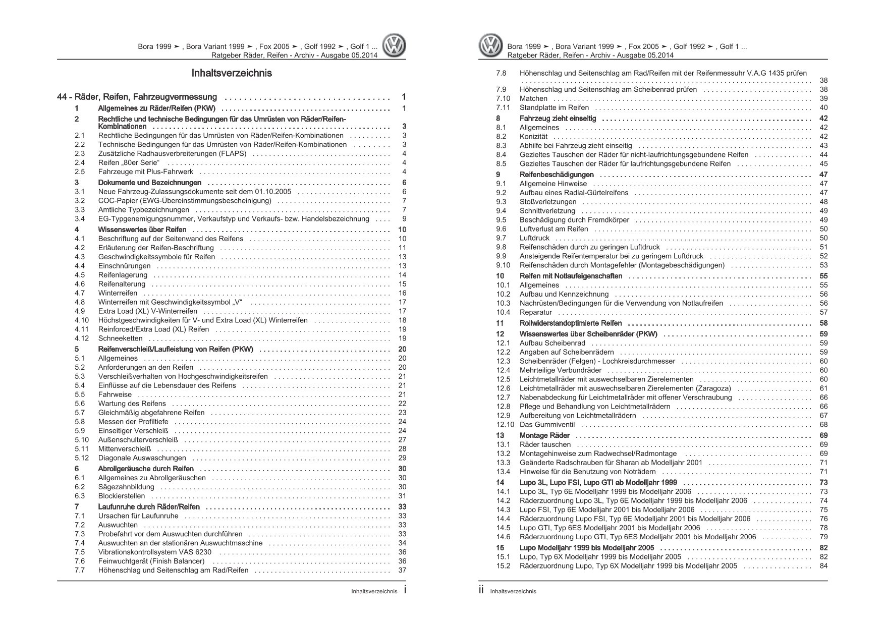 VW Fox Typ 5Z 2005-2011 Ratgeber Räder Reifen Archiv Reparaturanleitung
