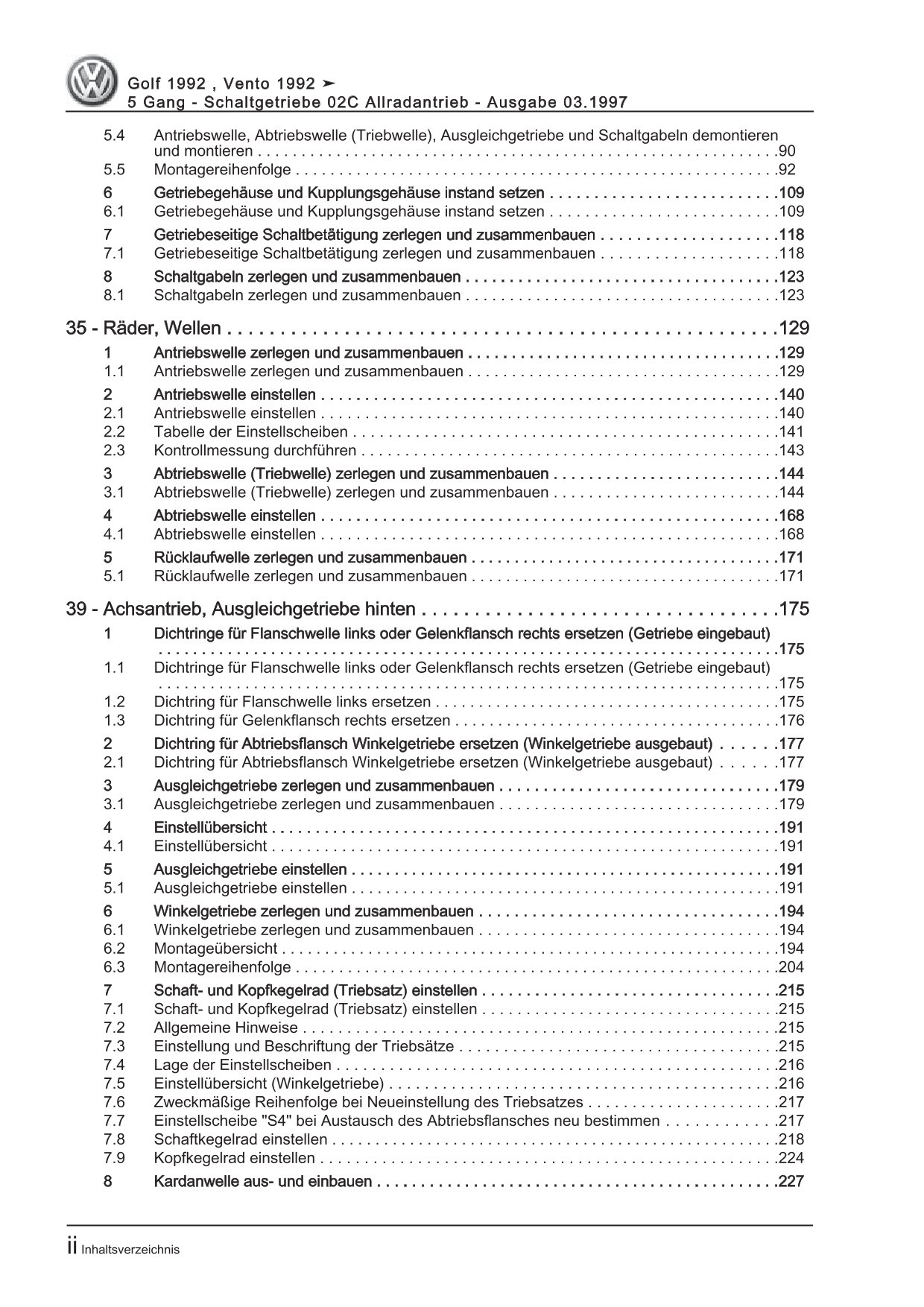 VW Golf 3 Typ 1H 1991-1997 5 Gang Schaltgetriebe 02C Allrad Reparaturanleitung