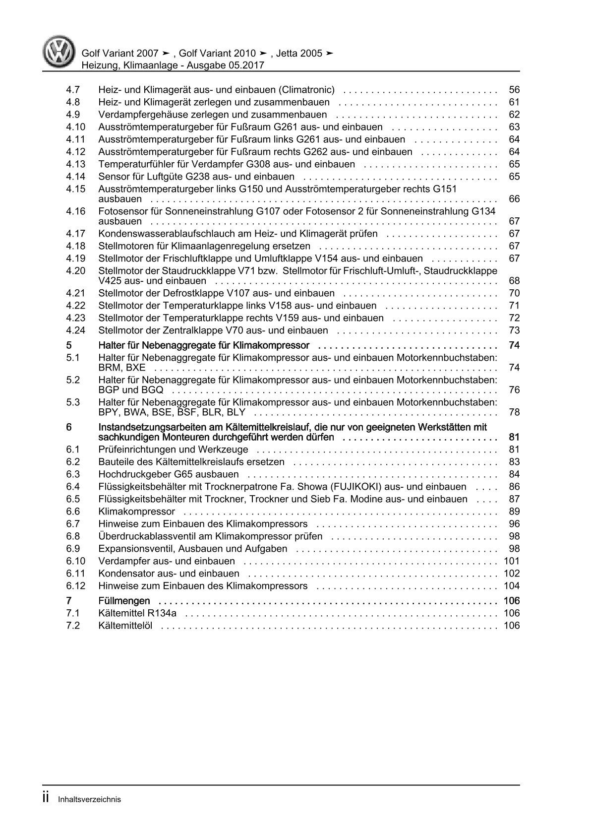 VW Golf 5 Variant 1K5 2007-2009 Heizung Lüftung Klimaanlage Reparaturanleitung