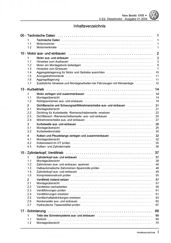 VW New Beetle Typ 9C 1997-2010 4-Zyl. 1,9l Dieselmotor 90 PS Reparaturanleitung
