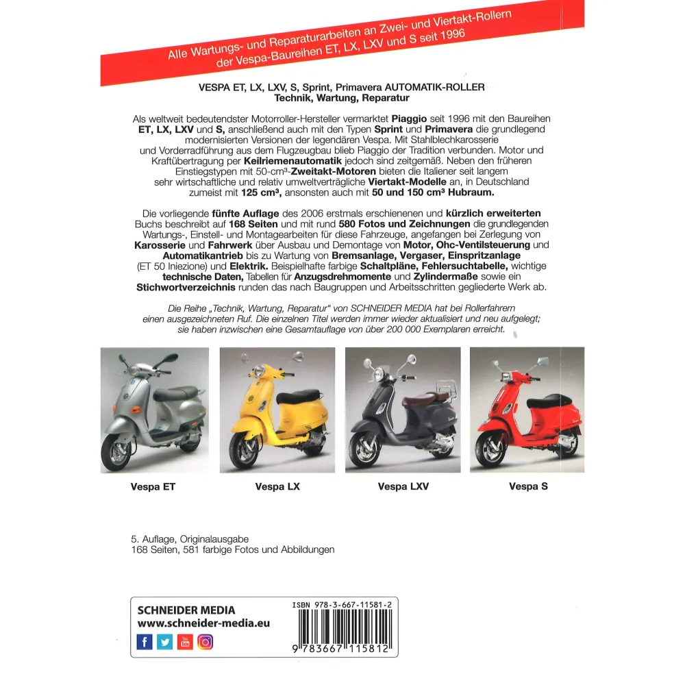 Die Reparaturanleitung hilft Ihnen die Montagearbeiten an der Klassischen Vespa selbst zu meistern. Dieses Buch liefert Informationen zur Technik, Wartung und Reparatur.