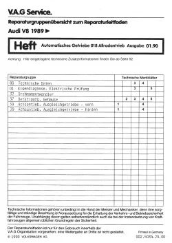 Audi V8 Typ 4C 1988-1994 6 Gang Automatikgetriebe 018 Reparaturanleitung