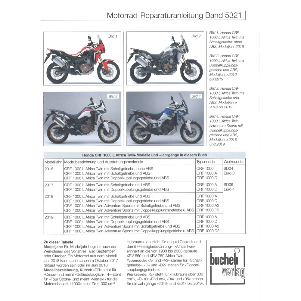 Honda CRF 1000 L Africa Twin 2016-2019 Reparaturanleitung Bucheli Verlag