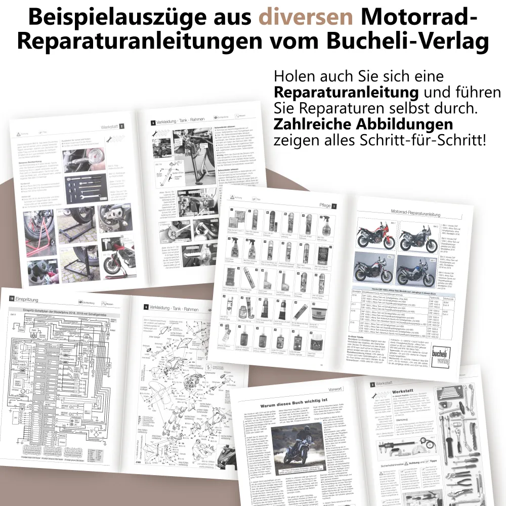 Hier sehen Sie exemplarische Auszüge aus verschiedenen Motorrad-Reparaturanleitungen des Bucheli Verlags.