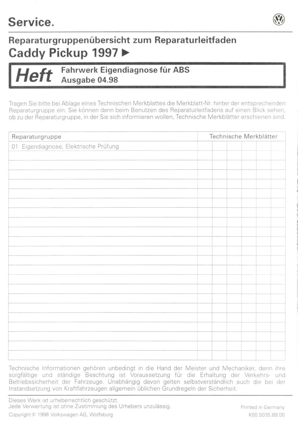 VW Caddy Pickup Typ 9U 1996-2000 Eigendiagnose Fahrwerk ABS Reparaturanleitung