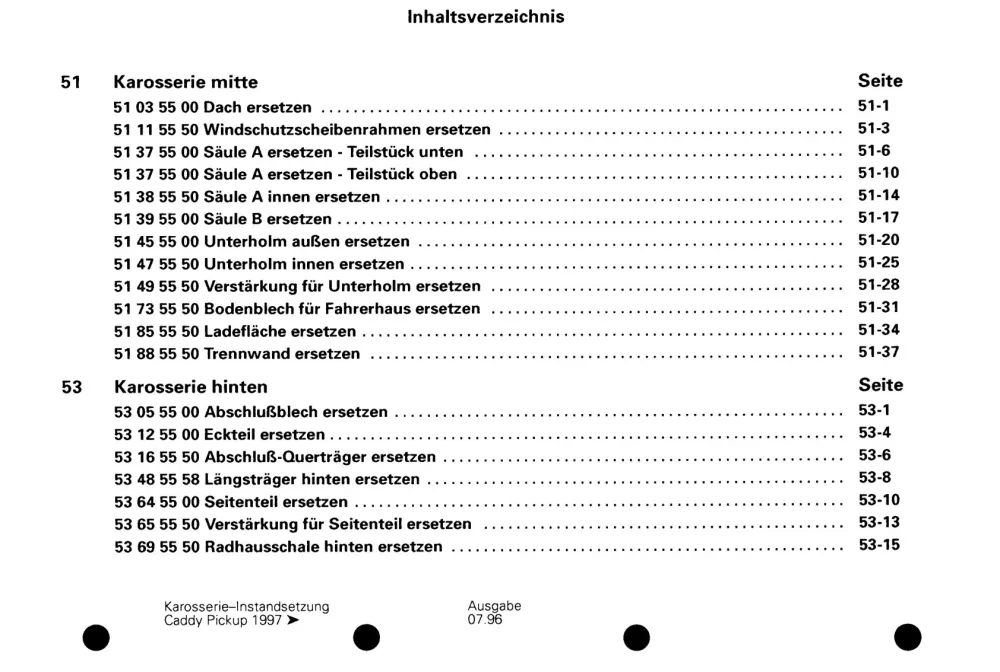 VW Caddy Pickup Typ 9U 1996-2000 Karosserie Instandsetzung Reparaturanleitung