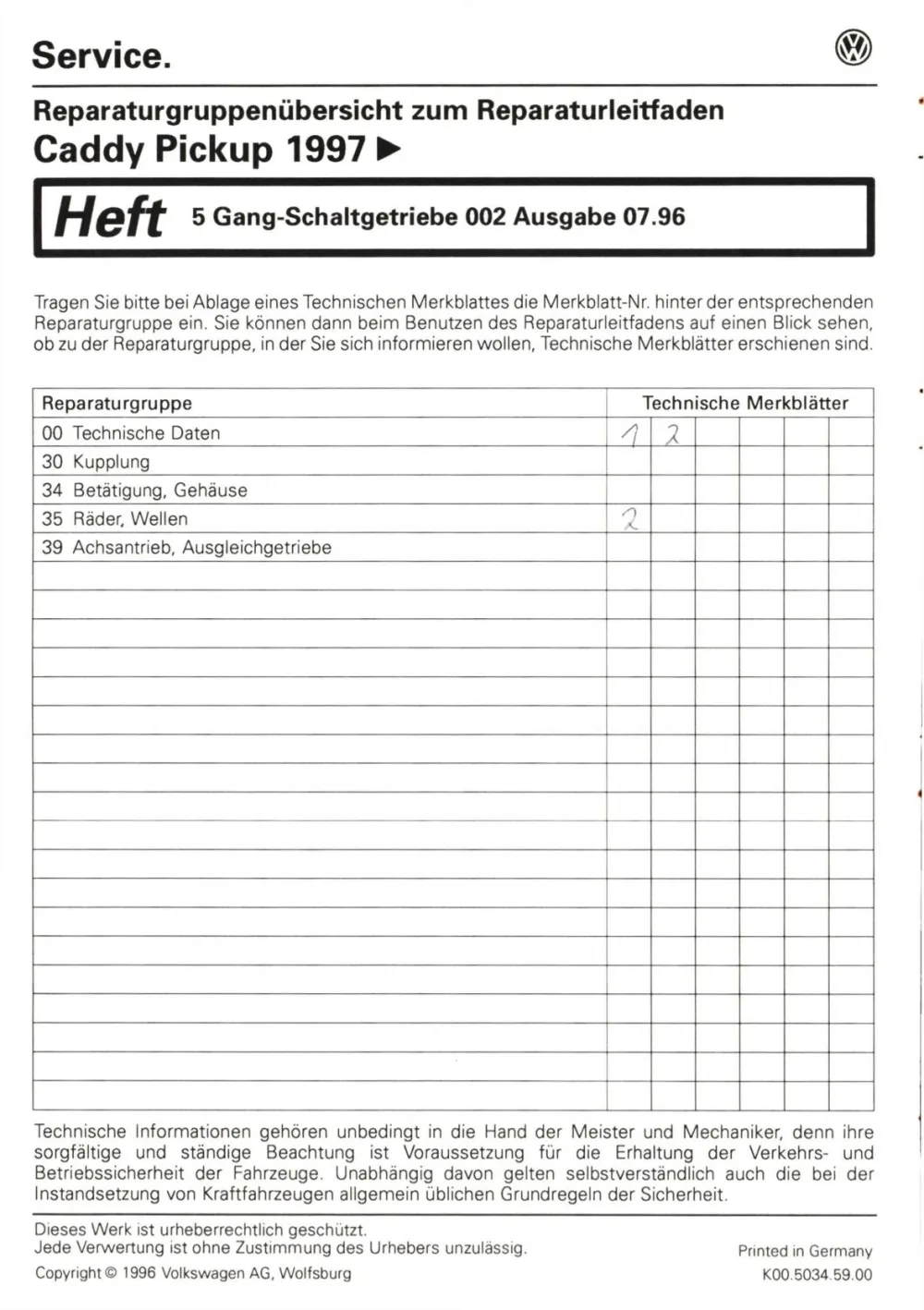 VW Caddy Pickup Typ 9U 1996-2000 5 Gang Schaltgetriebe 002 Reparaturanleitung