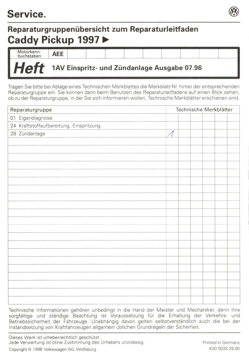 VW Caddy Pickup 9U 1996-2000 1AV Einspritz- Zündanlage 75 PS Reparaturanleitung