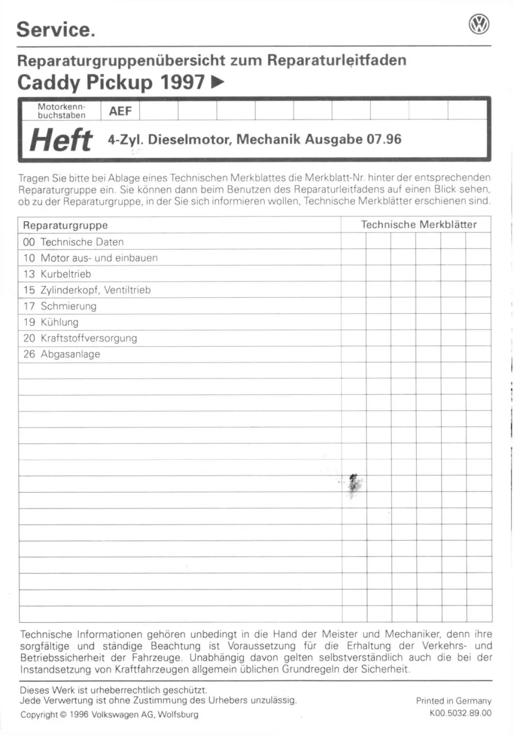 VW Caddy Pickup Typ 9U 1996-2000 Dieselmotor Mechanik 64 PS Reparaturanleitung