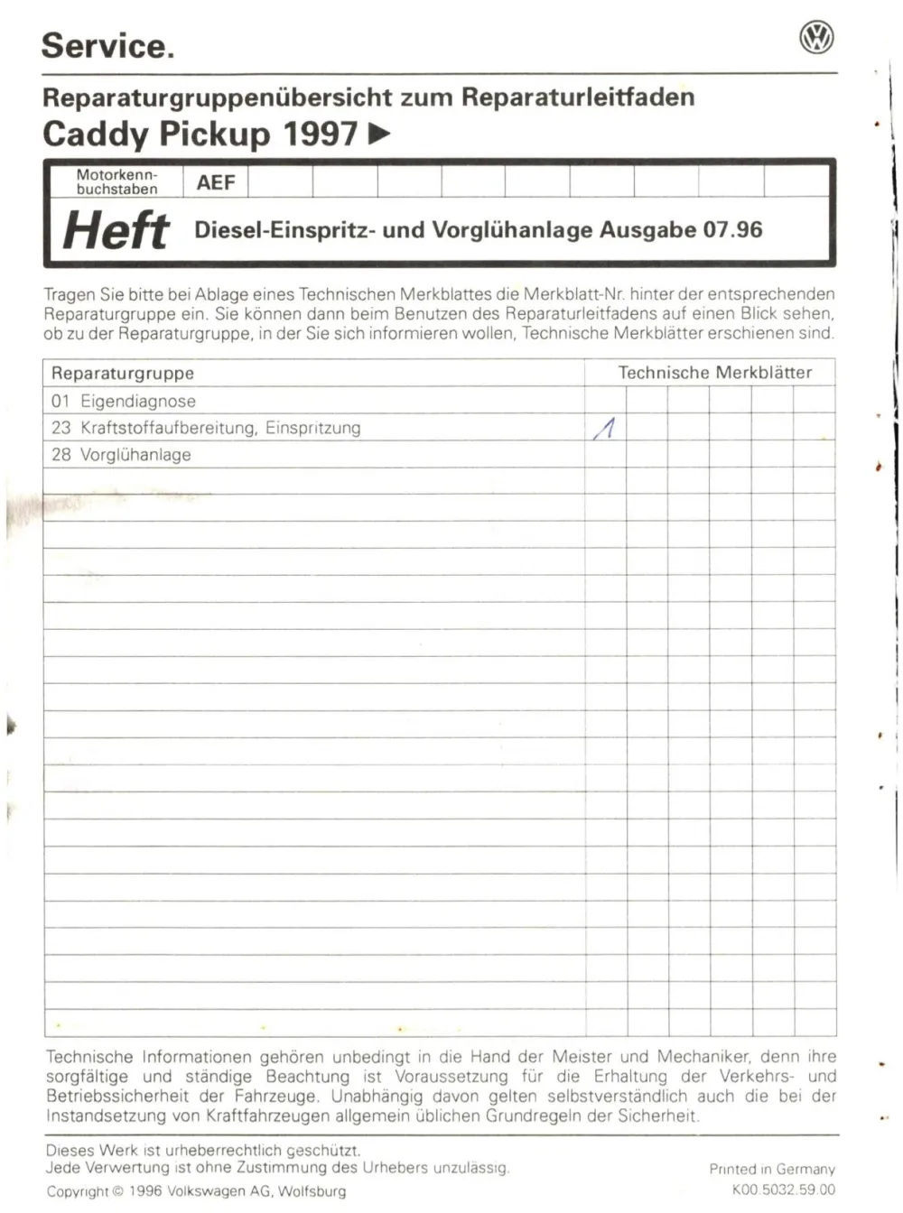 VW Caddy Pickup 9U 1996-2000 Diesel Einspritz- Vorglühanlage Reparaturanleitung