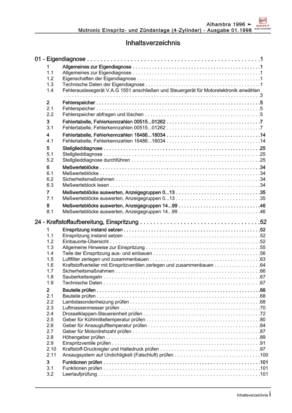 Seat Alhambra (95-10) Benzin Einspritz- Zündanlage 1,8l Reparaturanleitung eBook
