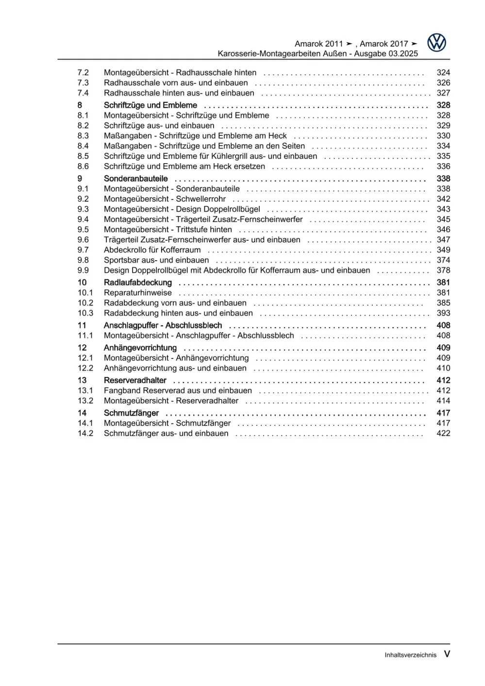 VW Amarok 2H 2010-2016 Karosserie Montagearbeiten Außen Reparaturanleitung eBook