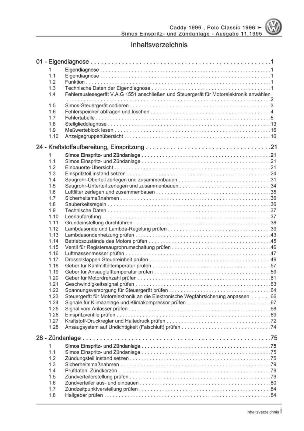 VW Caddy 9K 1995-2003 4-Zyl. Simos Einspritz- Zündanlage Reparauranleitung eBook