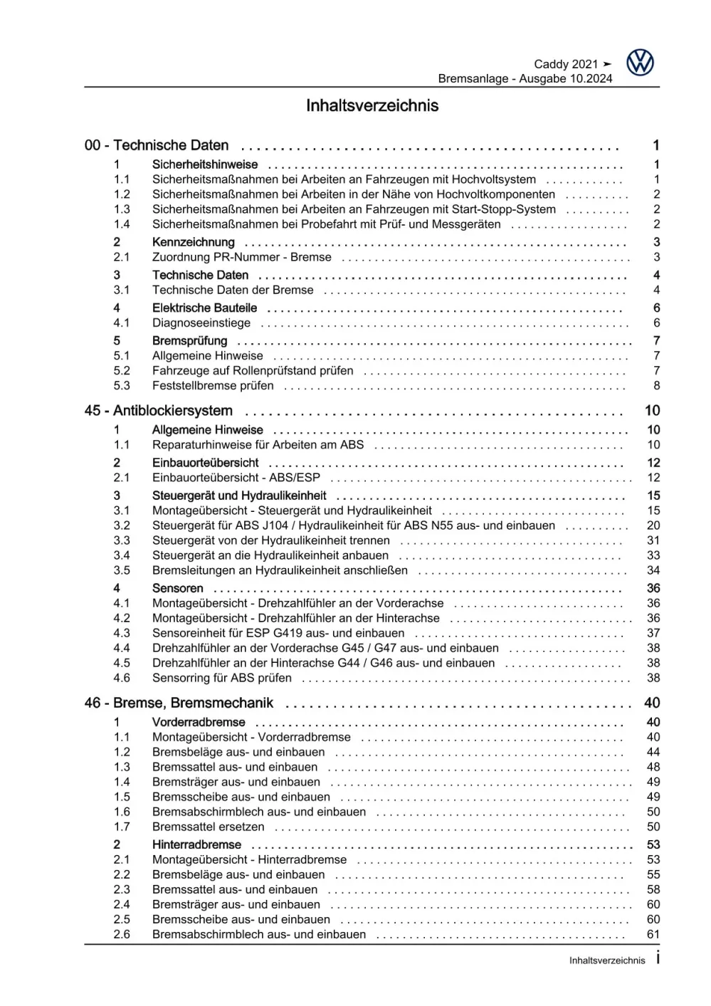 VW Caddy Typ SB ab 2020 Bremsanlage Bremsen System Reparaturanleitung eBook