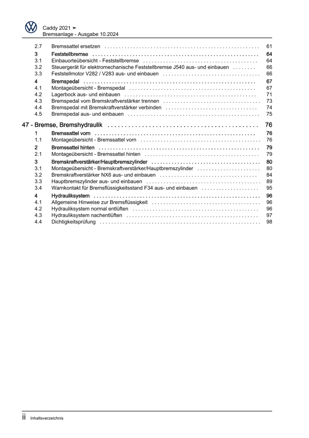 VW Caddy Typ SB ab 2020 Bremsanlage Bremsen System Reparaturanleitung eBook