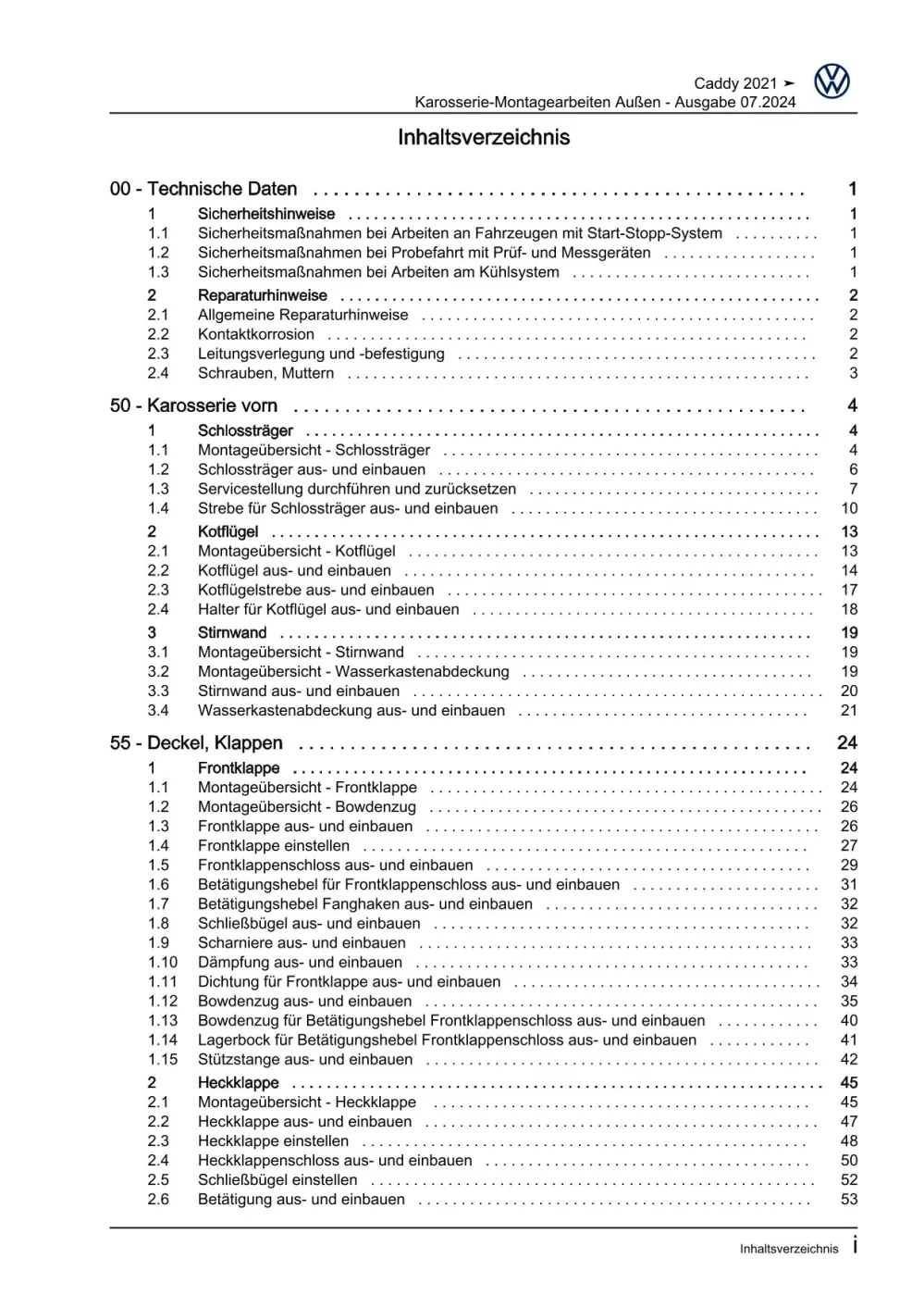 VW Caddy SB ab 2020 Karosserie Montagearbeiten Außen Reparaturanleitung eBook