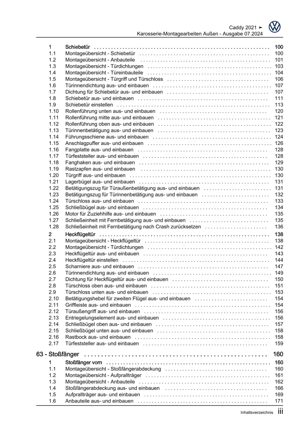 VW Caddy SB ab 2020 Karosserie Montagearbeiten Außen Reparaturanleitung eBook