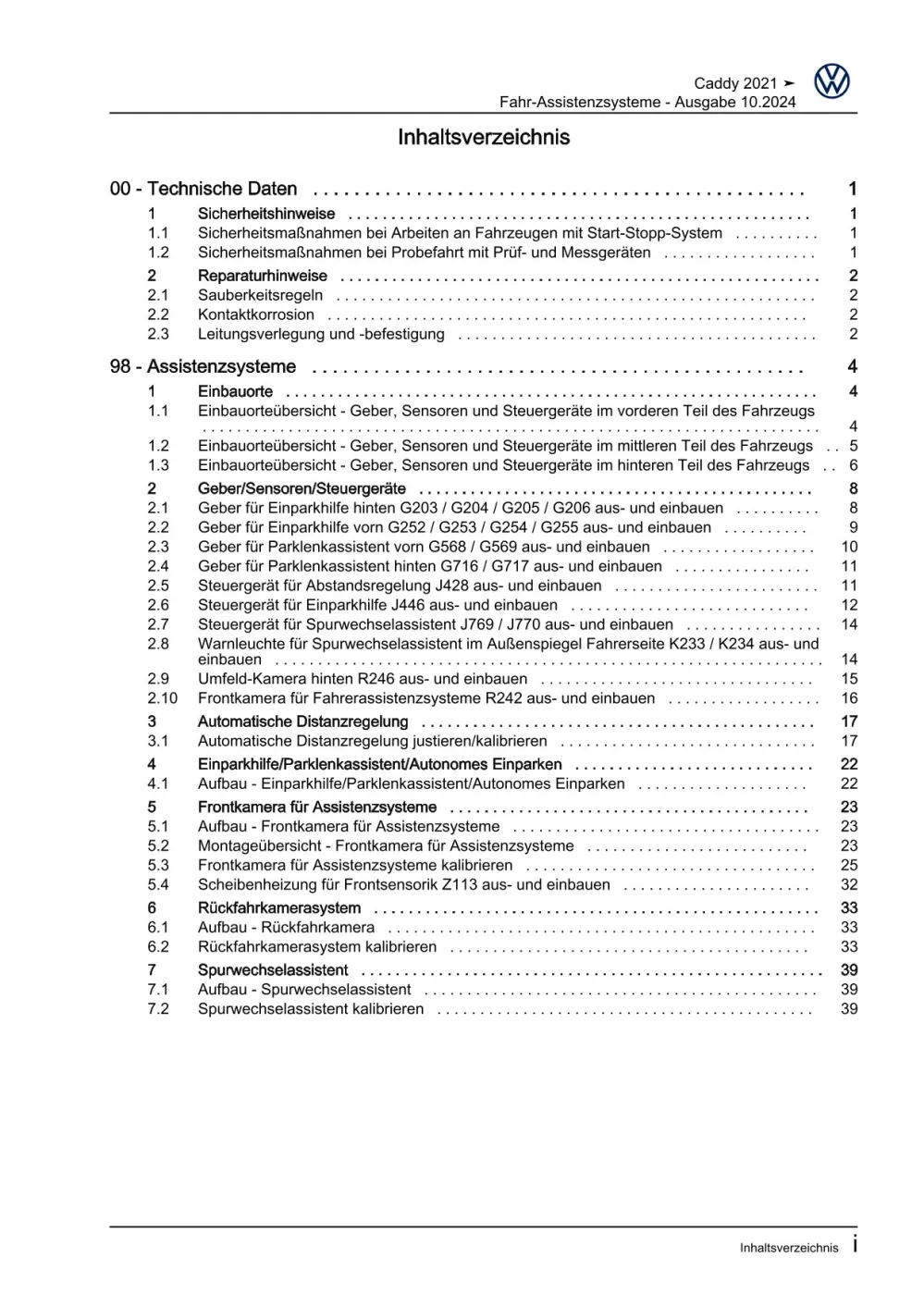 VW Caddy Typ SB ab 2020 Fahr Assistenzsysteme Reparaturanleitung eBook