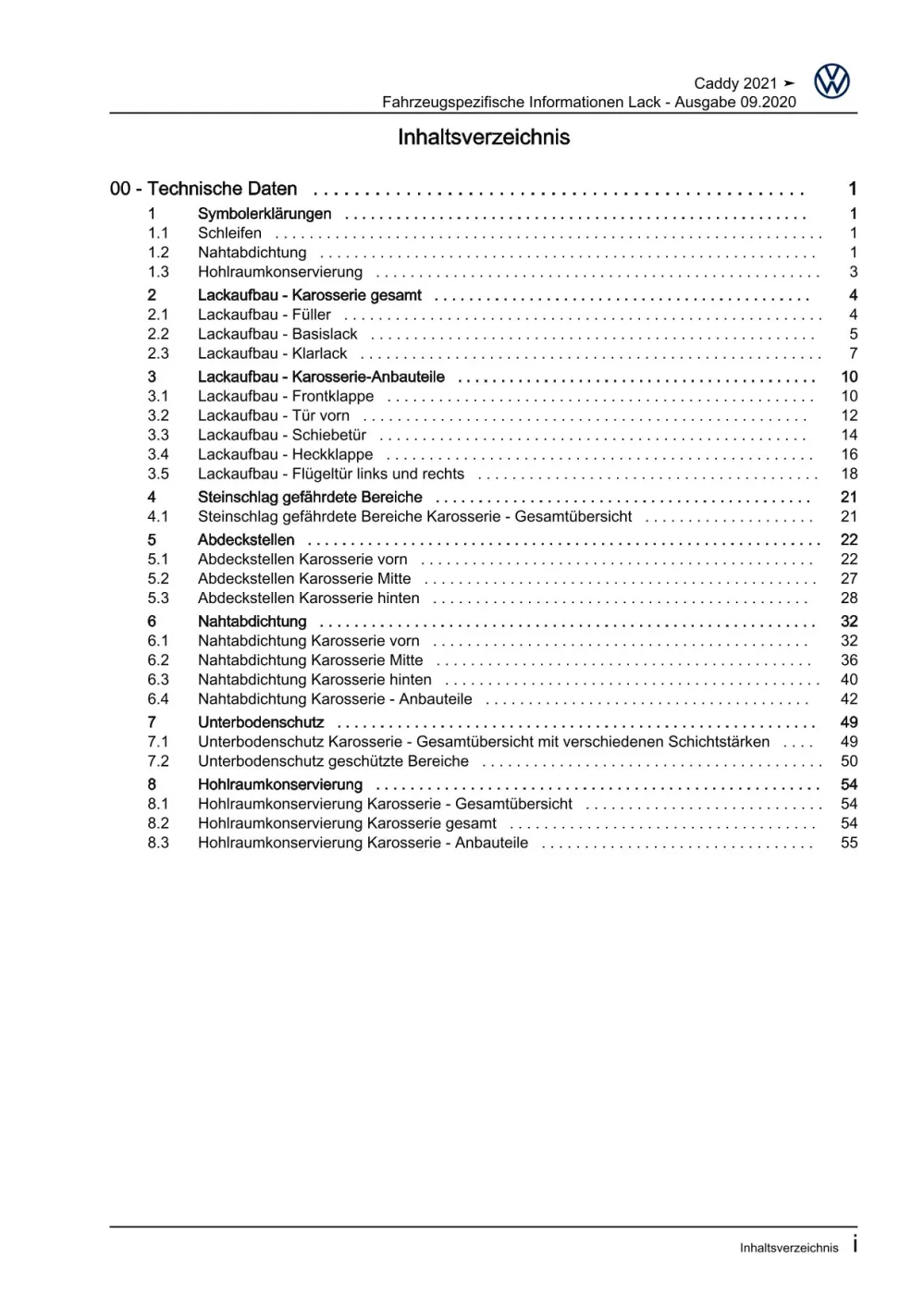 VW Caddy Typ SB ab 2020 Fahrzeugspezifische Infos Lack Reparaturanleitung eBook