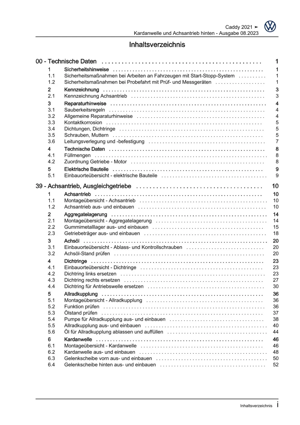VW Caddy Typ SB ab 2020 Kardanwelle Achsantrieb hinten Reparaturanleitung eBook