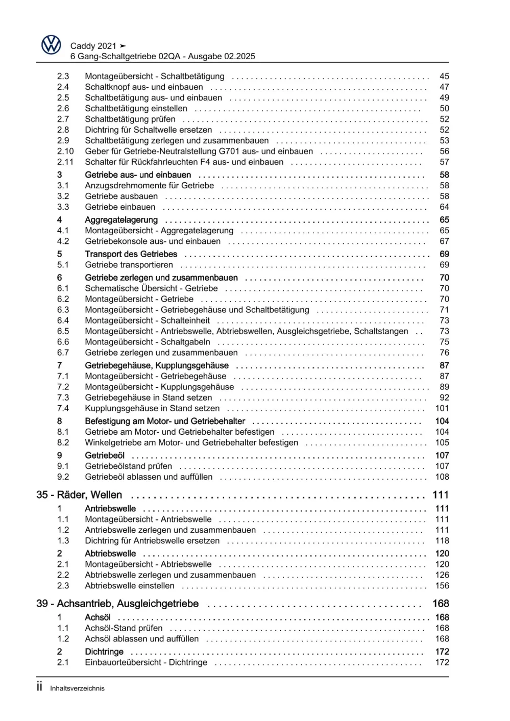 VW Caddy Typ SB ab 2020 6 Gang Schaltgetriebe 02Q AWD Reparaturanleitung eBook