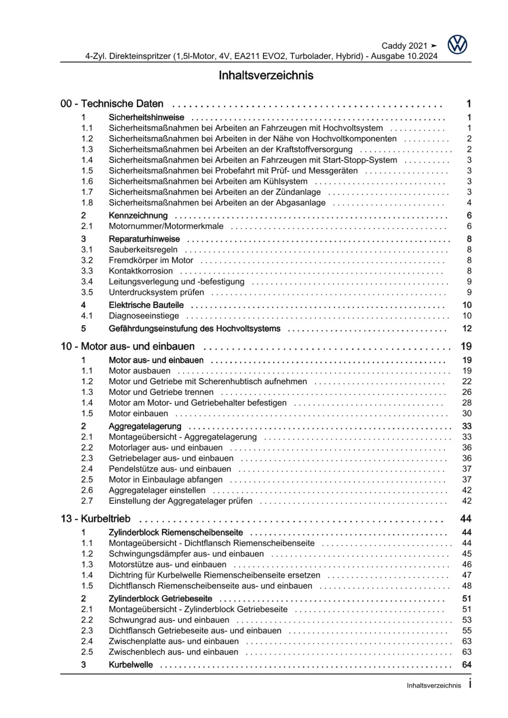 VW Caddy SB ab 2020 Benzinmotor Hybrid 1,5l 150-272 PS Reparaturanleitung eBook