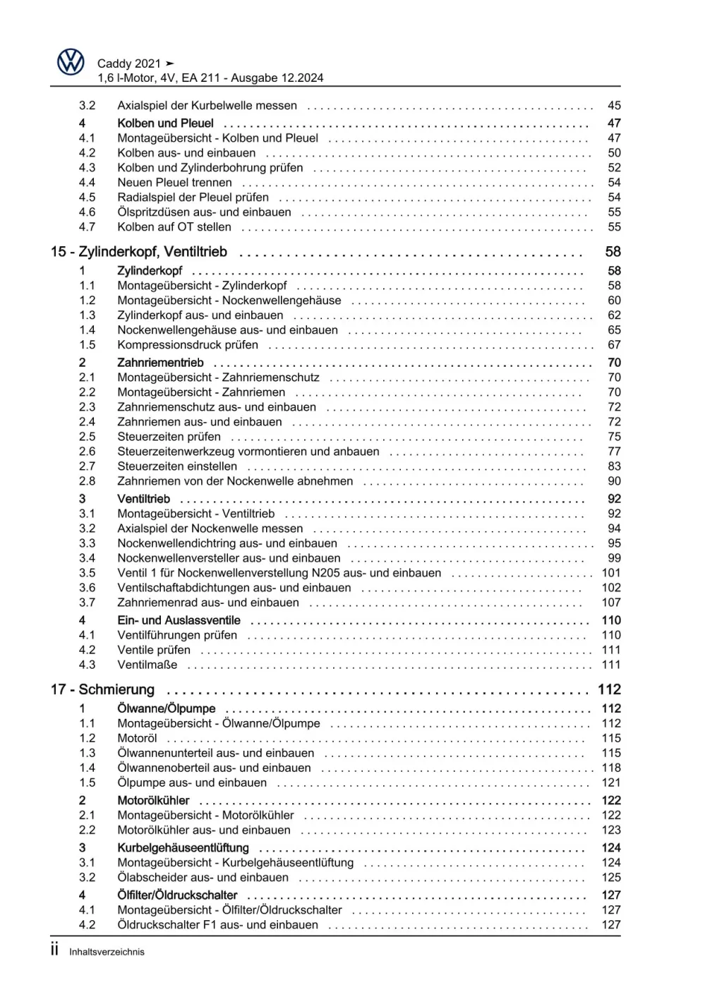 VW Caddy SB ab 2020 4-Zyl. Benzinmotor 1,6l 110 PS 4V Reparaturanleitung eBook