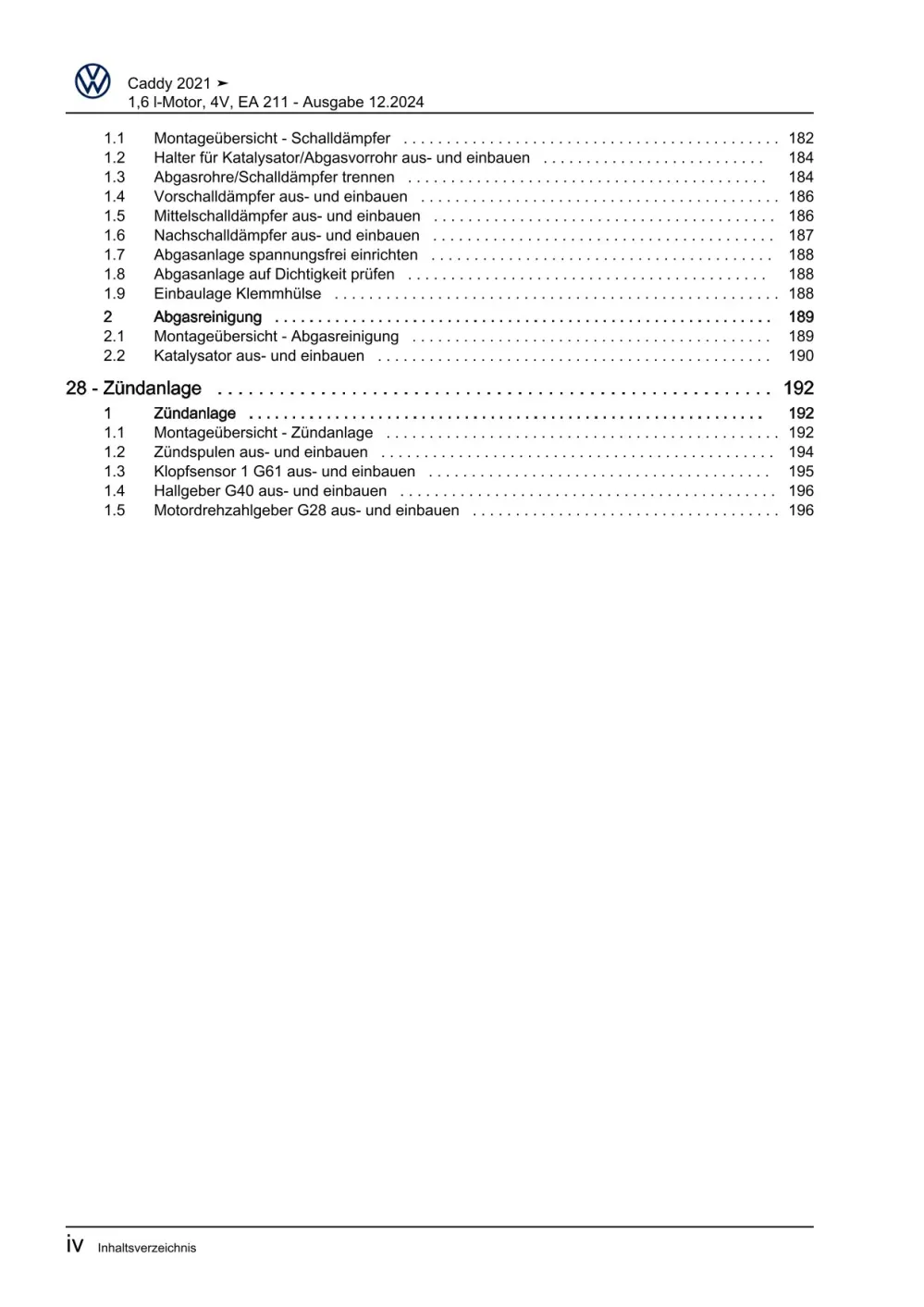 VW Caddy SB ab 2020 4-Zyl. Benzinmotor 1,6l 110 PS 4V Reparaturanleitung eBook