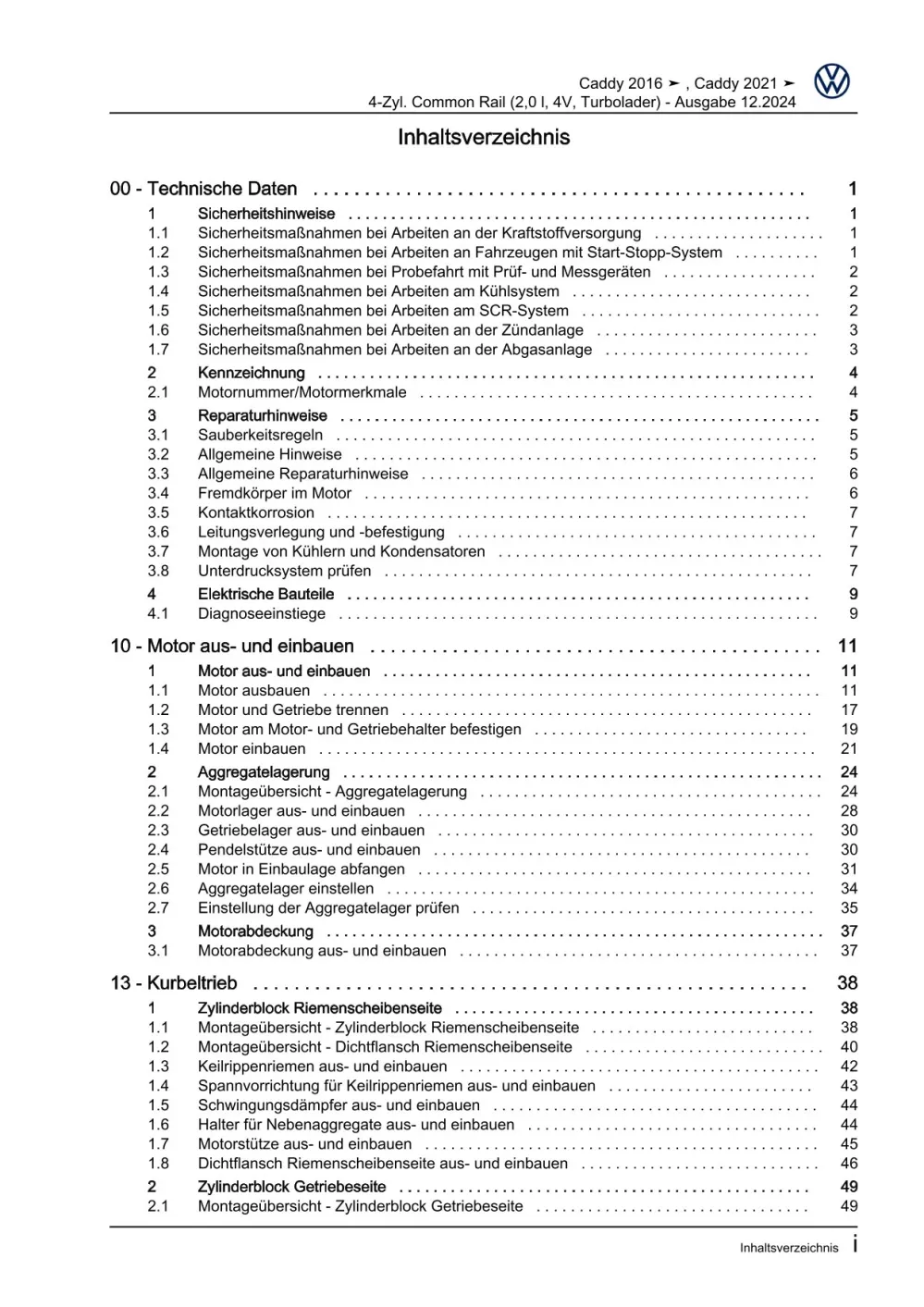 VW Caddy SB ab 2020 4-Zyl. Dieselmotor 2,0l 75-150 PS Reparaturanleitung eBook