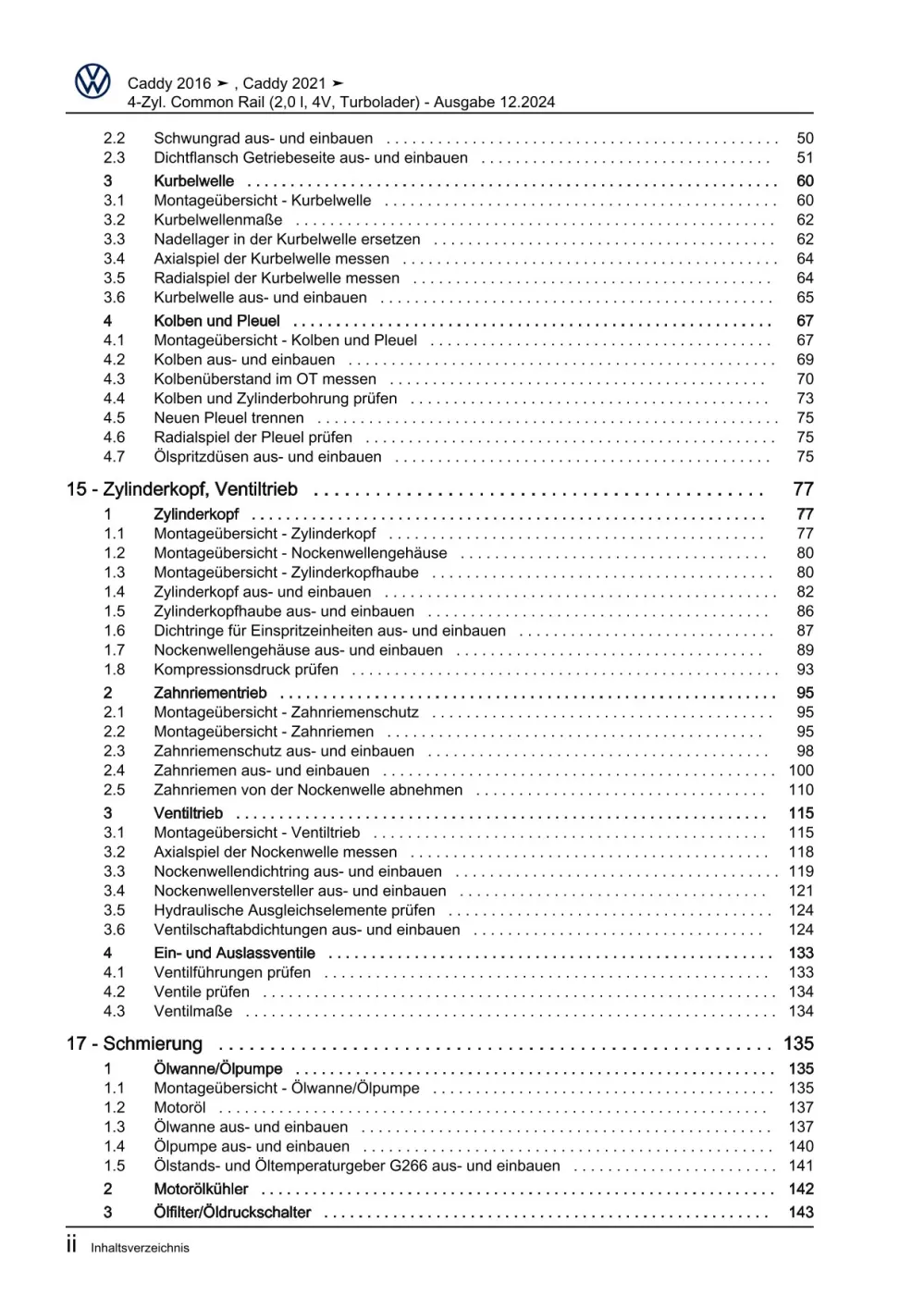 VW Caddy SB ab 2020 4-Zyl. Dieselmotor 2,0l 75-150 PS Reparaturanleitung eBook