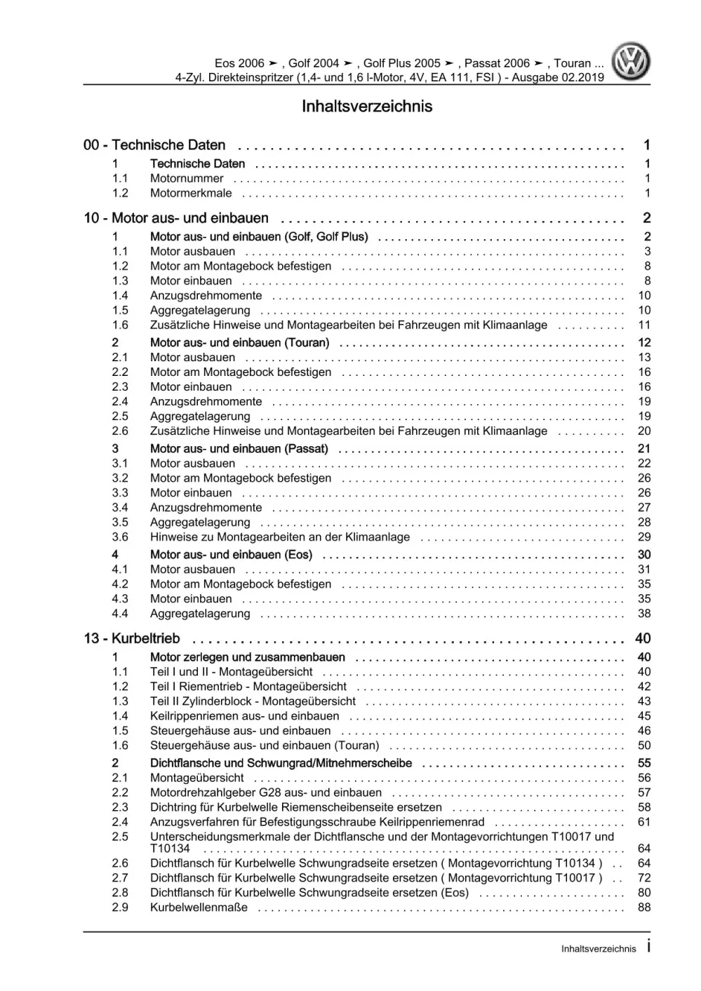 VW EOS Typ 1F 2006-2015 4-Zyl. Benzinmotor 90-116 PS Reparaturanleitung eBook