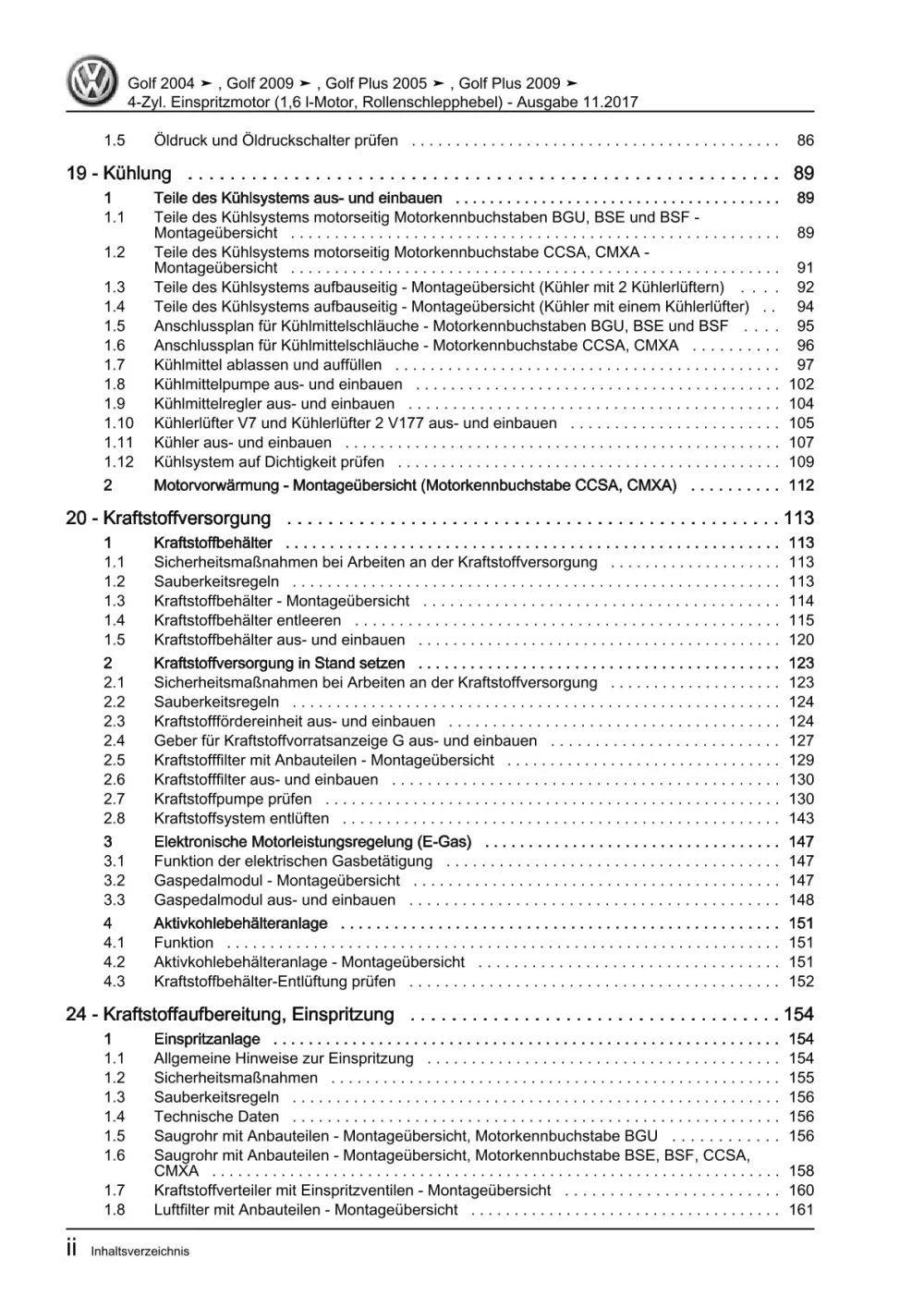 VW Golf 5 Variant 1K5 2007-2009 Benzinmotor 1,6l 102 PS Reparaturanleitung eBook