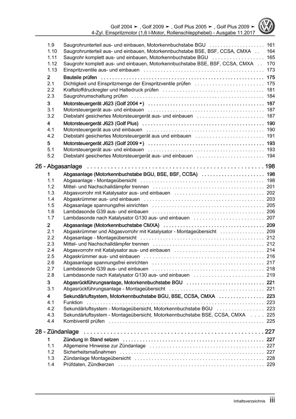 VW Golf 5 Variant 1K5 2007-2009 Benzinmotor 1,6l 102 PS Reparaturanleitung eBook