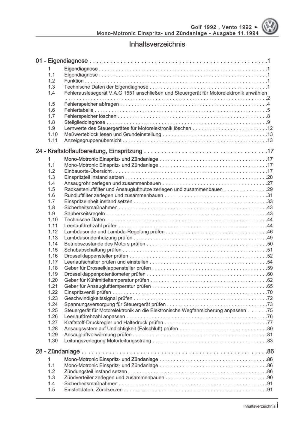VW Golf 3 Variant Mono-Motronic Einspritz Zündanlage Reparaturanleitung eBook