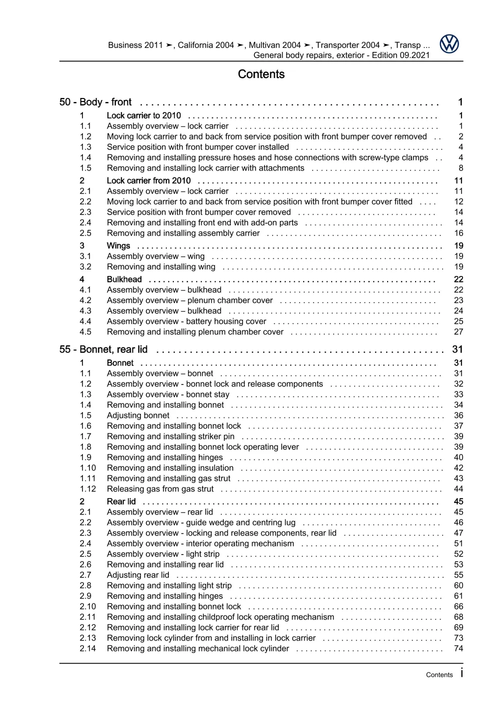 VW Bus T5 2009-2015 general body repairs exterior guide workshop manual eBook