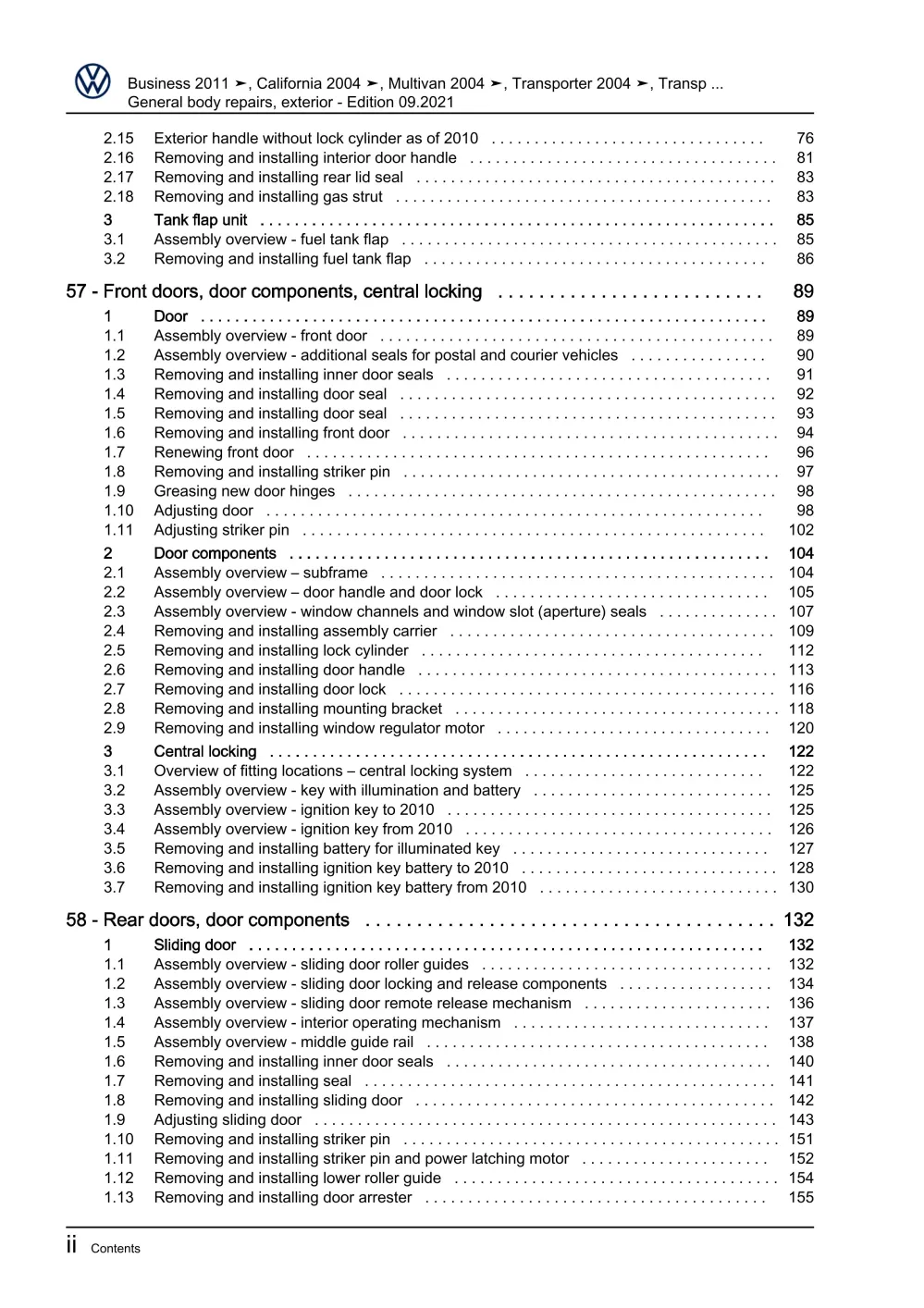 VW Bus T5 2009-2015 general body repairs exterior guide workshop manual eBook