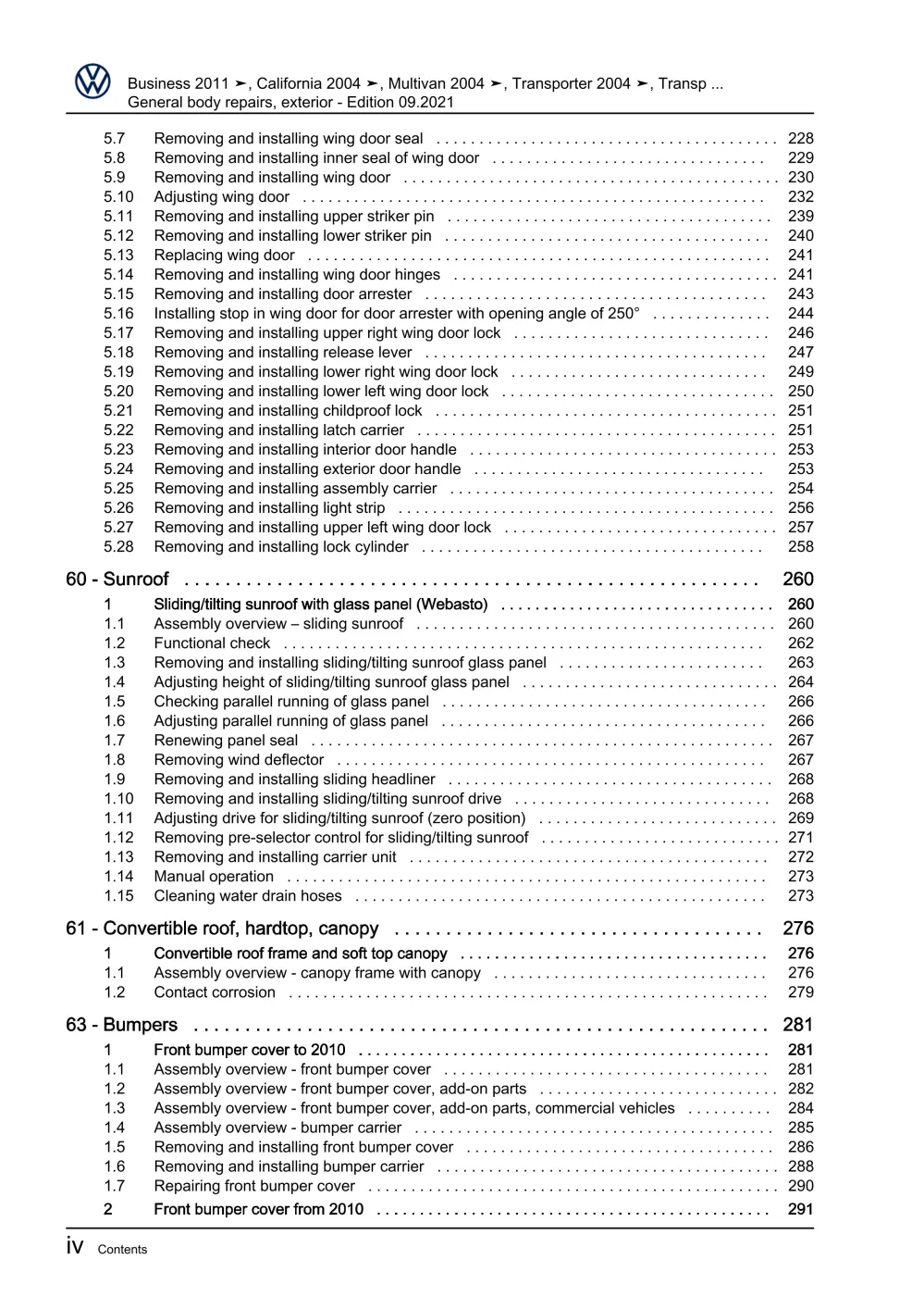 VW Bus T5 2009-2015 general body repairs exterior guide workshop manual eBook