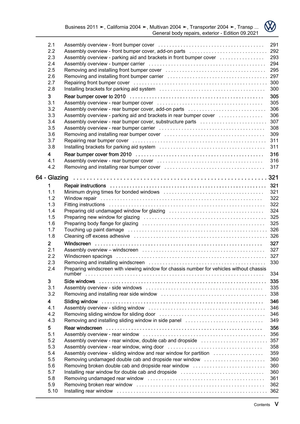 VW Bus T5 2009-2015 general body repairs exterior guide workshop manual eBook