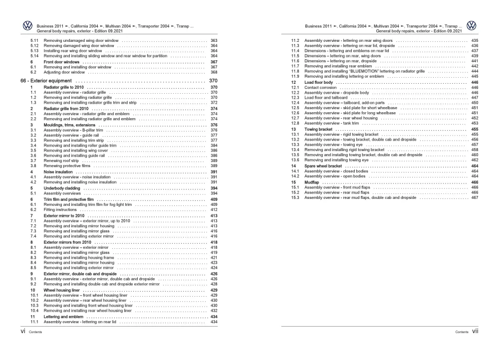 VW Bus T5 2009-2015 general body repairs exterior guide workshop manual eBook