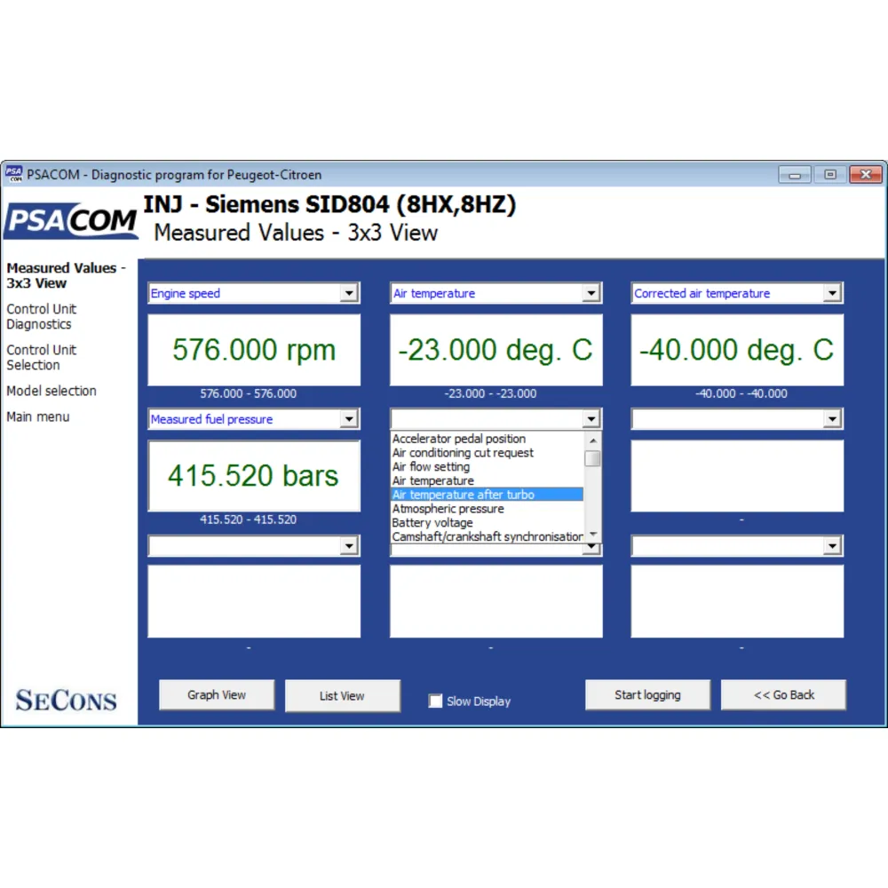 Anzeige der Live Messwerte von PSA-COM.