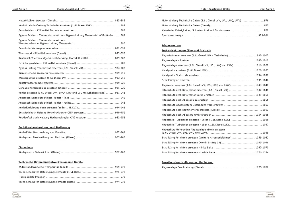 Opel Astra K 2015-2021 1,6l Dieselmotor 150 PS LVK Zusatzband Reparaturanleitung