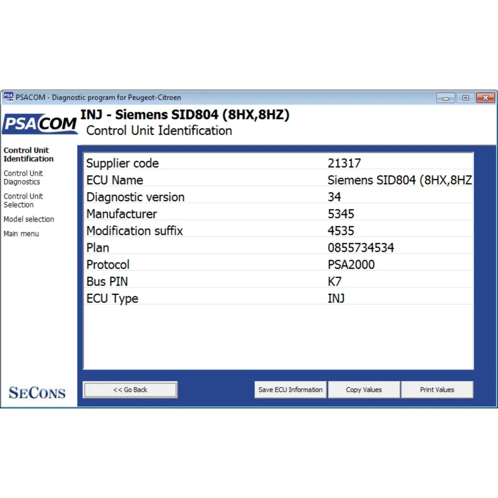 Anzeige der automatischen Erkennung der Steuergeräte von PSA-COM.