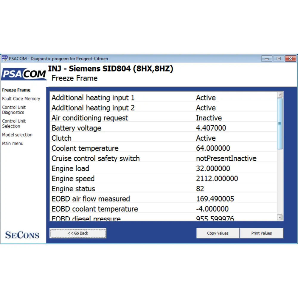 Anzeige des Freeze Frames von PSA-COM.