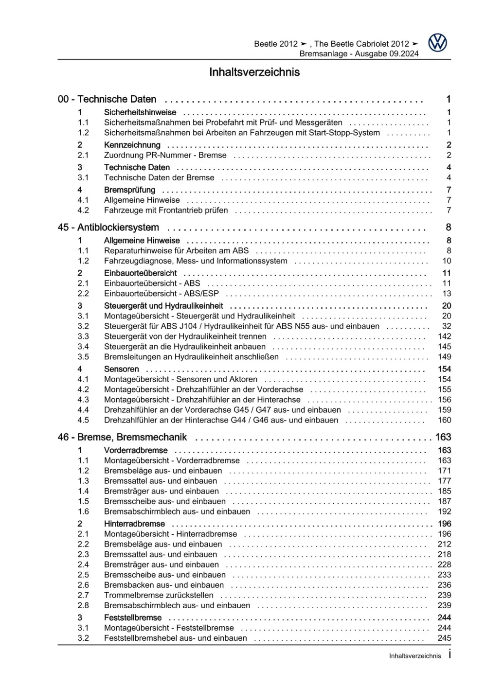 VW Beetle Typ 5C 2011-2016 Bremsanlage Bremsen System Reparaturanleitung