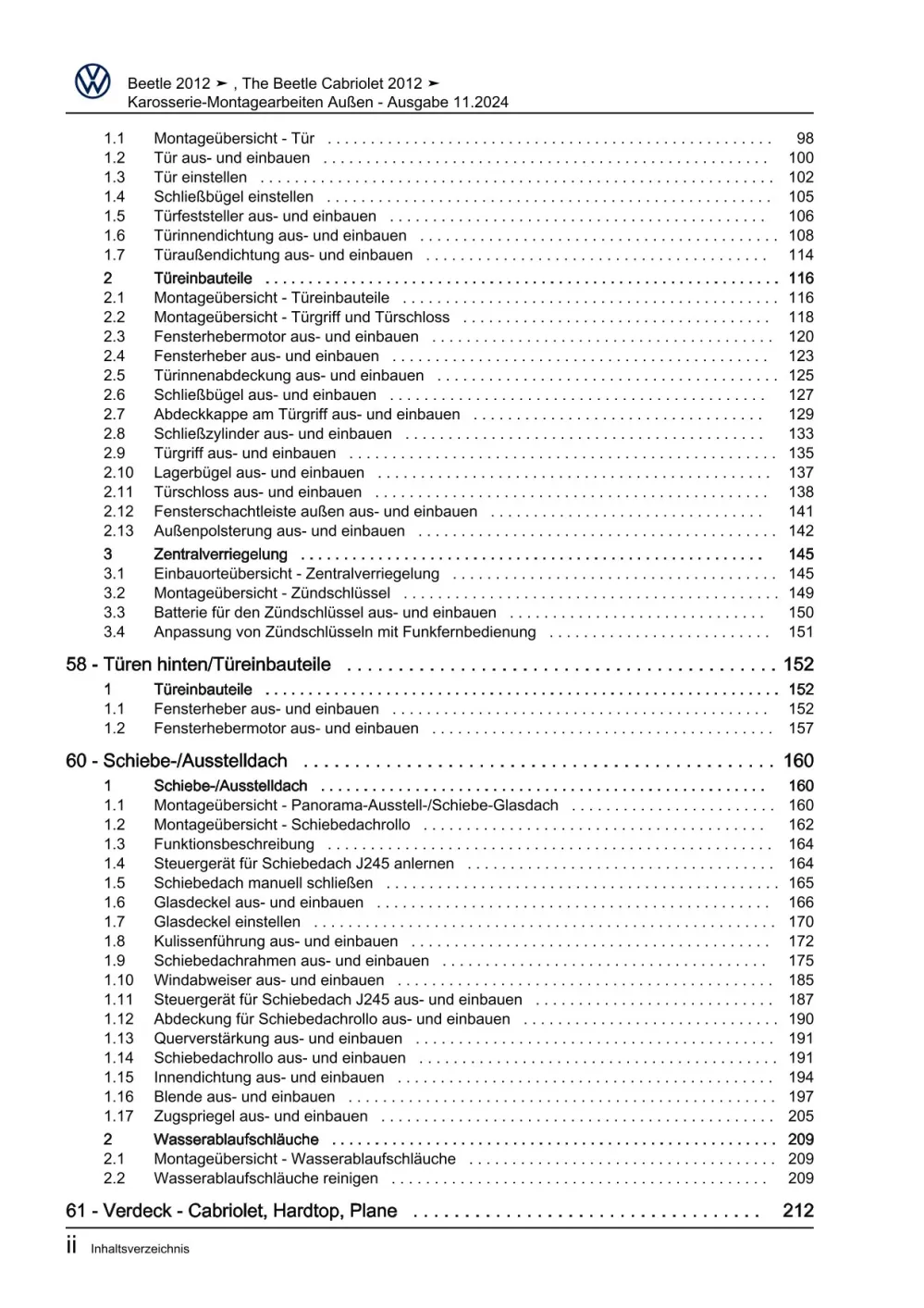VW Beetle Typ 5C 2011-2016 Karosserie Montagearbeiten Außen Reparaturanleitung